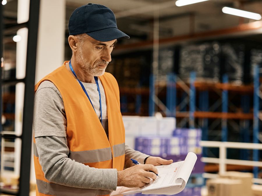 Encargado de bodega revisando un pedido junto a cajas